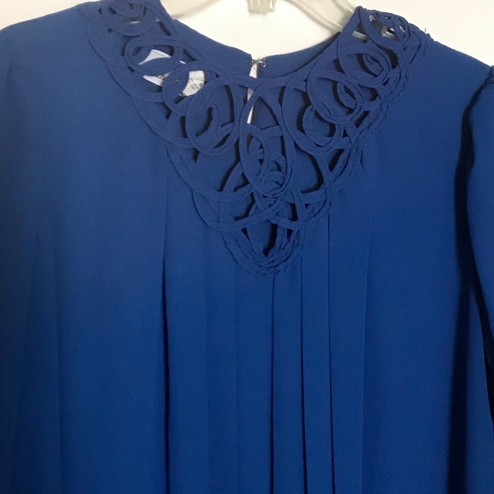Vintage Rich Lady Royal Blue Pleated Sheer Long Sleeve Dress XL Neck Detail - Picture 2 of 7